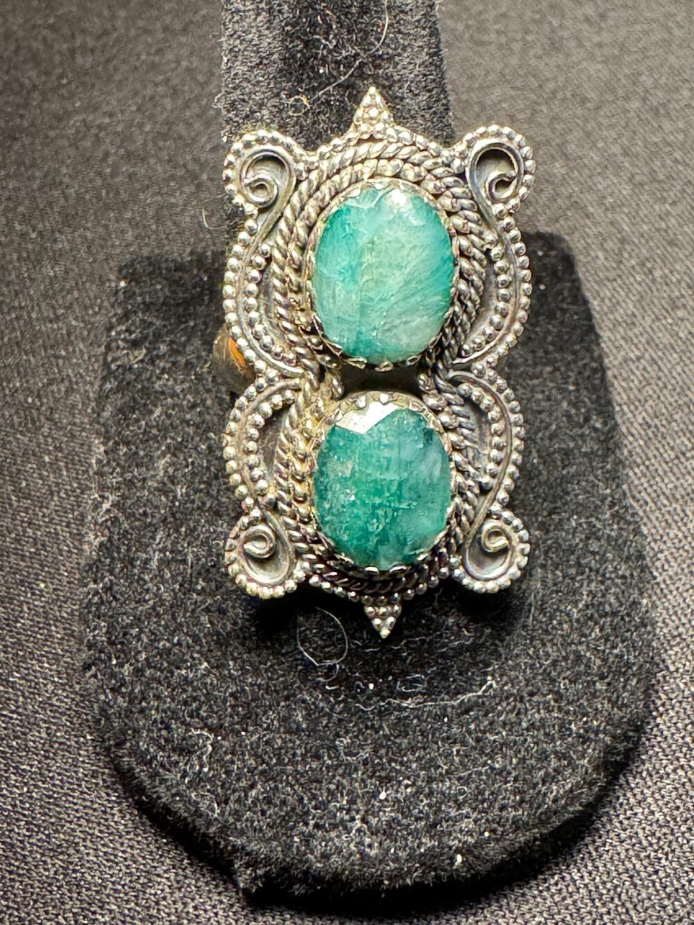 Vintage 925 Sterling Silver Double Jadeite Ring Size 7